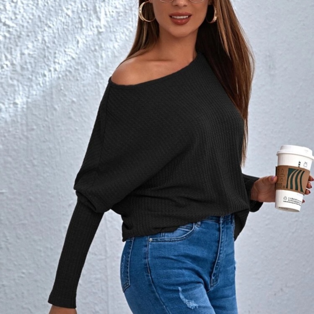 Drop Sleeve Waffle Knit Top Sweater Black - Picture 2 of 9